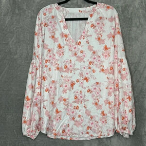 Amazon XXL 2X Shirt Top White Pink Floral Flower Balloon‎ Sleeve V Neck Womens